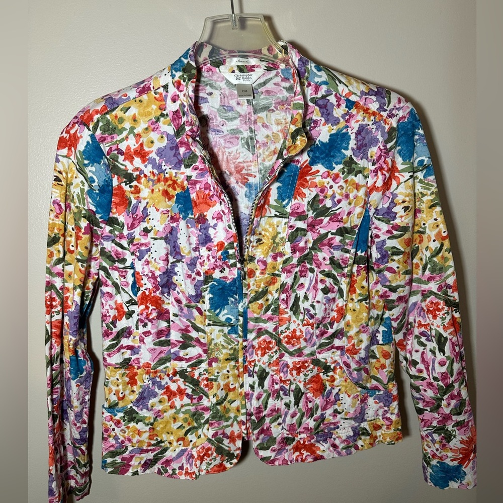 Christopher Banks Womens P/M Jacket Shacket Floral Zip Stretch Cottage Core